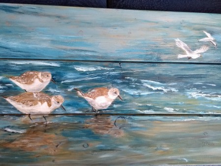 Drieteenstrandlopers, 2018. Acryl op planken,Verkocht